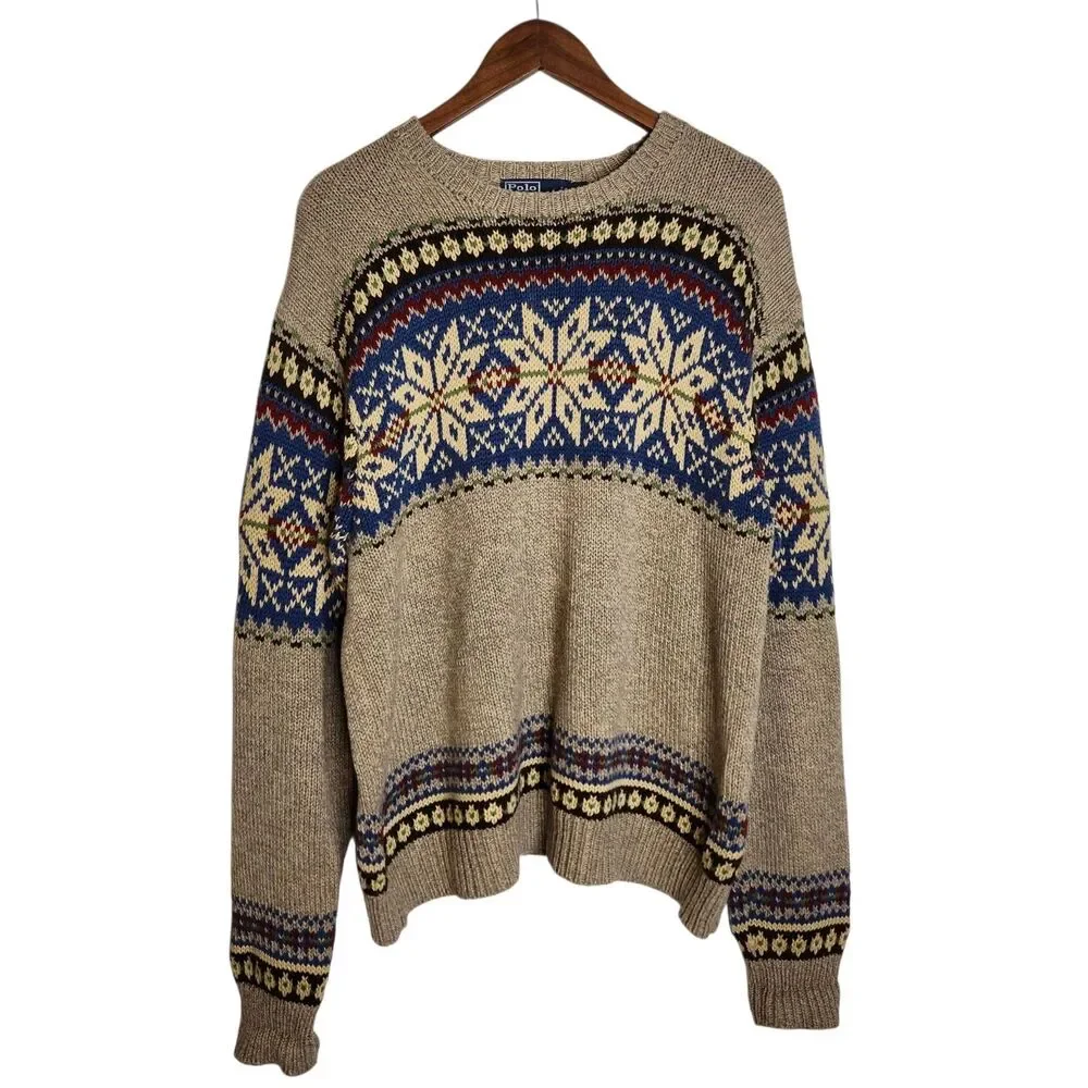 Vintage Polo Ralph Lauren Mens LS Sweater Beige Snowflake Nordic Cotton Knit XL